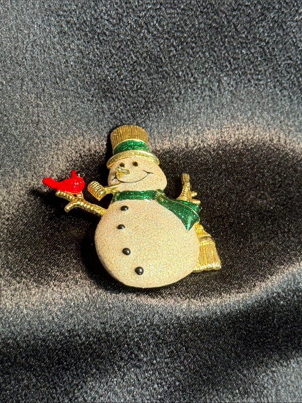 Festive Gold Glitter Snowman Pin with Green Scarf and Red Bird